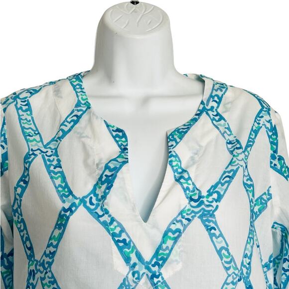 Lilly Pulitzer White Turquoise Amelia Island Tunic Turtle Cove Lattice Sheer XS - Picture 7 of 9